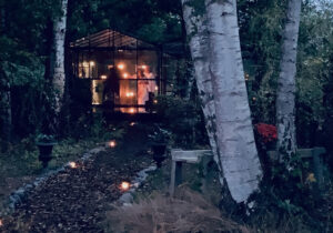De Yogakas in de avondschemer met sfeervol lichtjespad en mooie witte berken op de voorgrond.